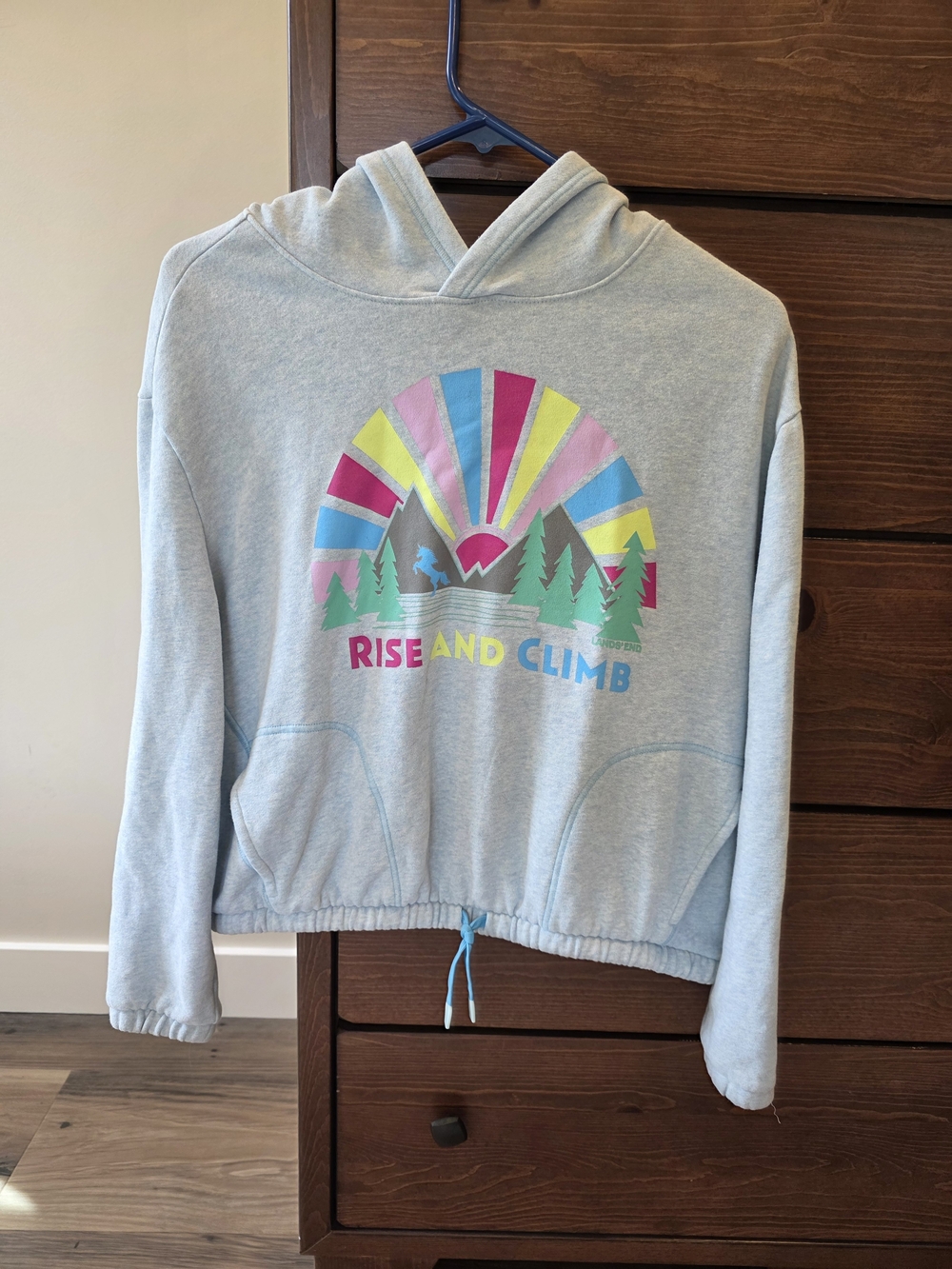 Lands' End Girls 10/12 Plus Light Blue Hoodie with Colorful Graphic